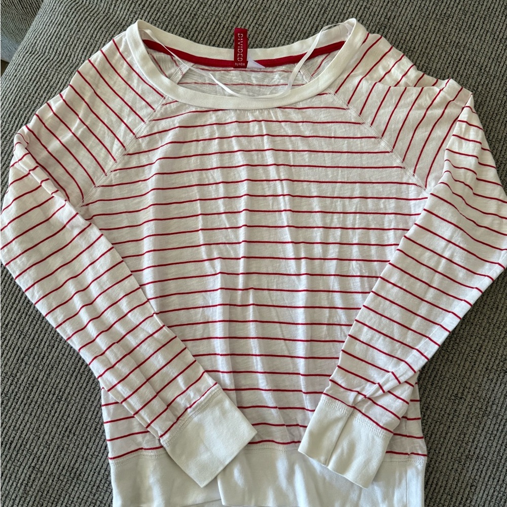 Divided Red and White Striped Long Sleeve Tee